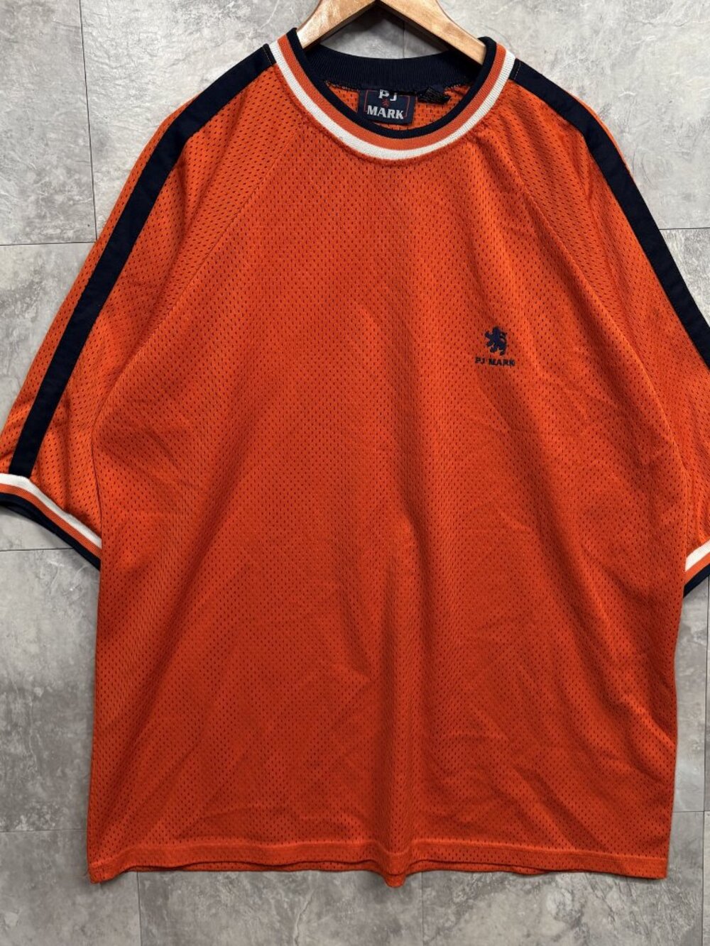 PJ Mark Mesh Jersey T Shirt Men's XXL Orange Navy Stripe Lion Logo Y2K
